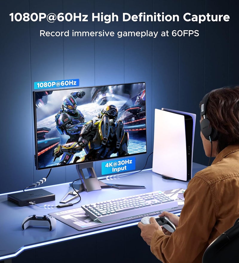 Warrky بطاقة التقاط الفيديو، HDMI إلى USB 3.0 A وجهاز التقاط USB C، إدخال 4K 1080P 60FPS مع زمن انتقال منخفض للبث وتسجيل الألعاب، متوافق مع iPad وQuest 3 وPS5/4 وSwitch2/1 والكاميرا - Image 2